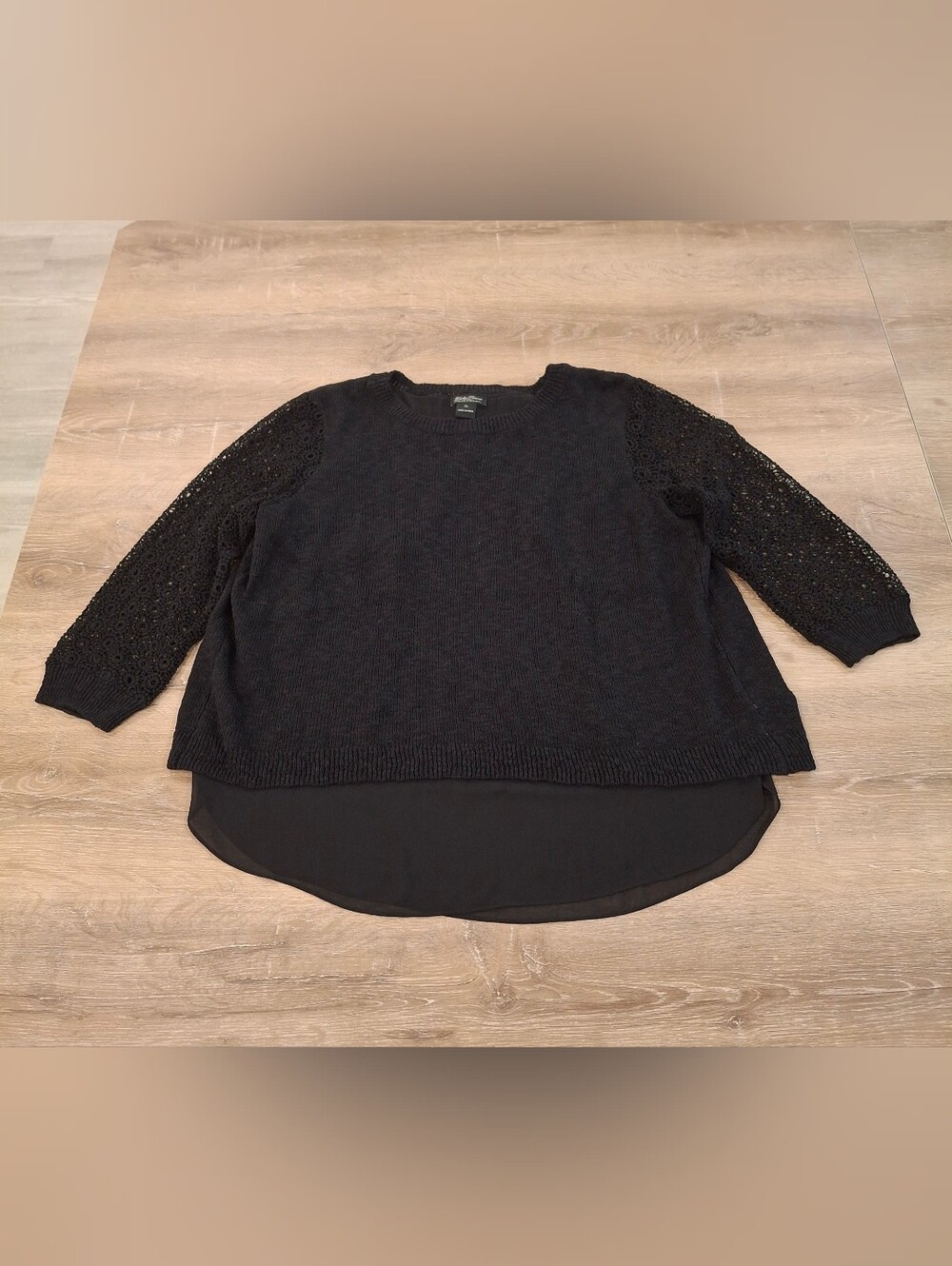 Lucky Brand Crochet Sleeve Layered Split Back Sweater Women's XL Black